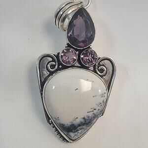 Necklace Pendants Handmade Jewelry with Dendritic Opal and Amethyst in Silver